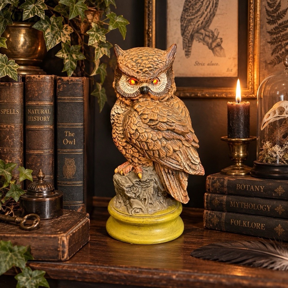Vintage 70s Lighted Owl Statue Whimsy Goth Dark Academia Library Halloween